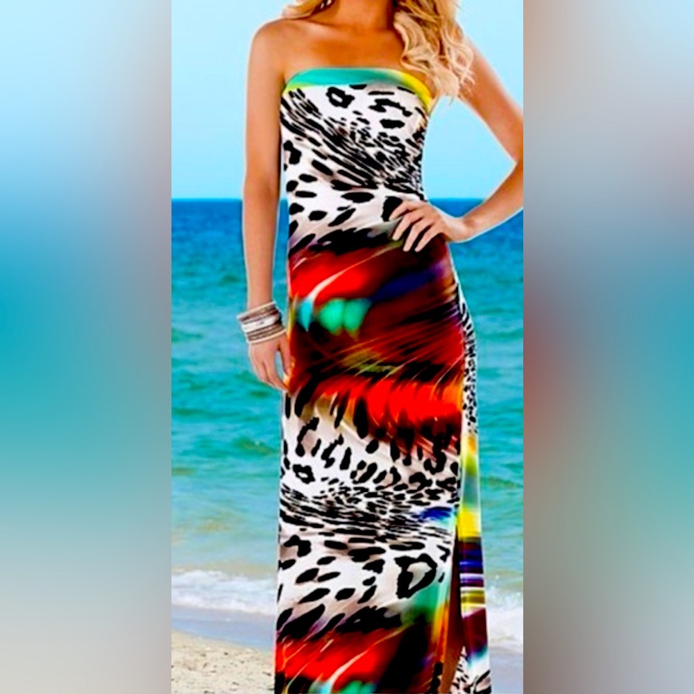 Venus Bright Animal Print strapless maxi dress